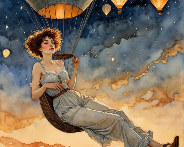 Serene Woman in Wicker Balloon at Sunset Sky