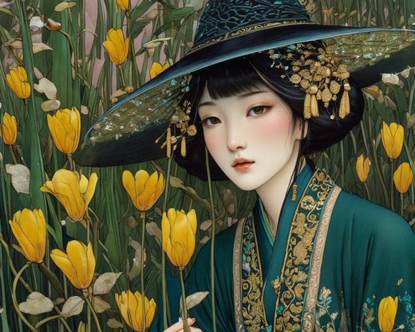 Stylized Painting of Woman in Asian Attire and Tulips