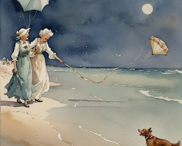 Elderly women in vintage gowns enjoy a moonlit beach