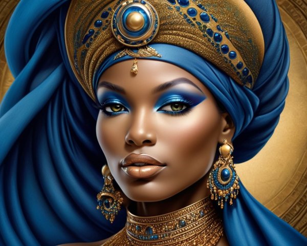 Digital artwork of woman with blue eyeshadow, turban, and jewelry on golden background