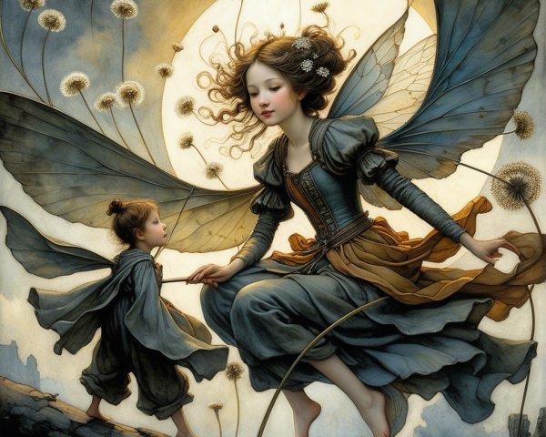 Ethereal Figures with Butterfly Wings in Dreamlike Landscape