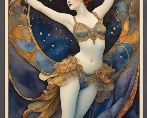 Ethereal woman dancing in crescent moon and starry Art Nouveau illustration