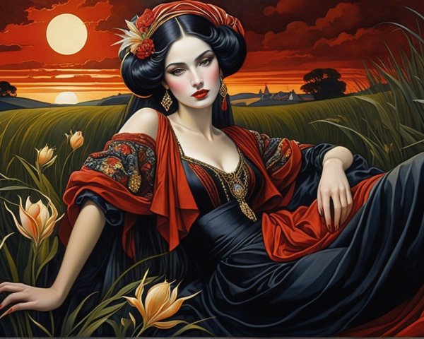 Woman in elegant gown among blooming tulips at sunset