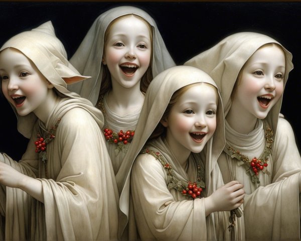 Joyful Young Girls in Beige Robes with Berry Necklaces