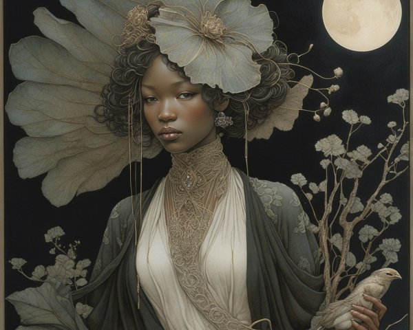 Serene Figure with Nature Elements and Moonlight