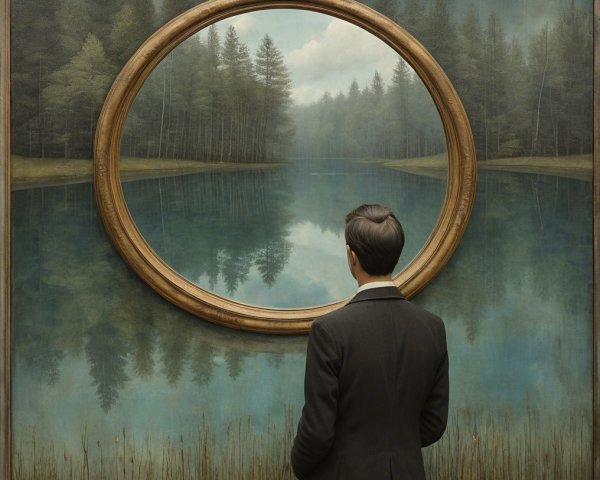 Man in Suit Before Ornate Frame with Serene Landscape