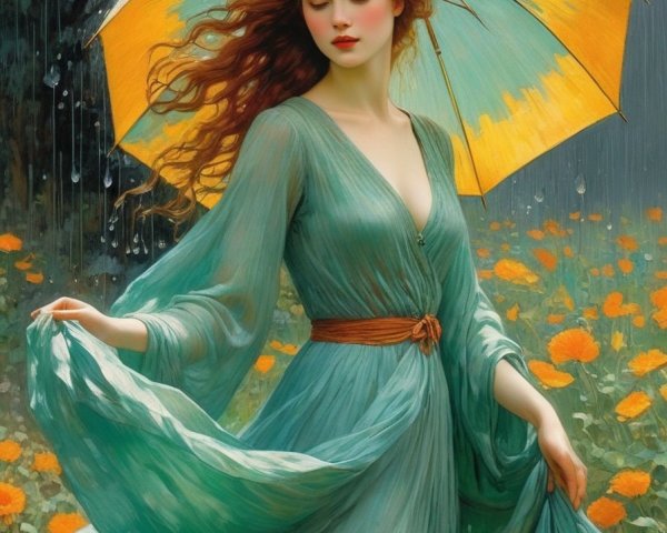 Woman in Green Dress with Yellow Umbrella in Rainy Setting