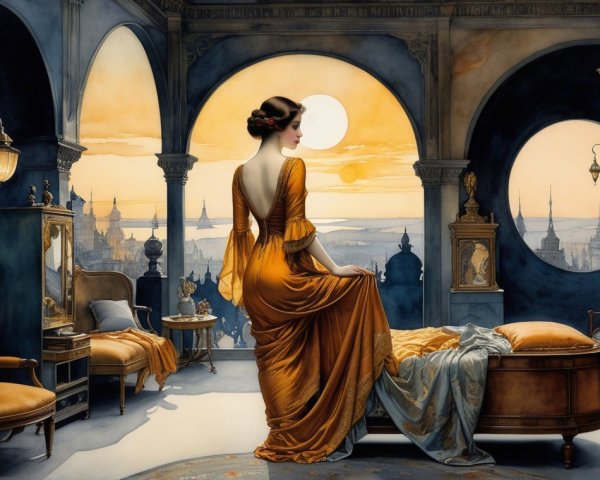 Elegant Woman in Orange Gown in Sunrise Room