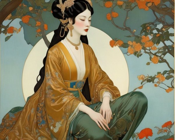 Serene Female Figure Surrounded by Floral Motifs