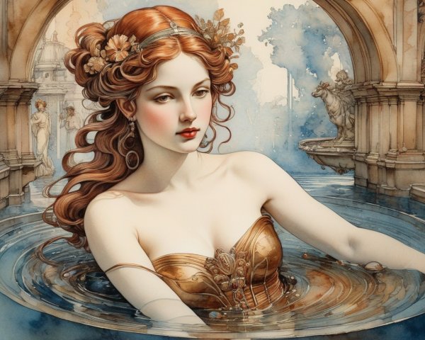 Illustrated woman with red hair in golden corset emerges from water in statue-decorated setting