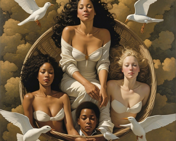 Three Women and Boy in Circular Basket with Clouds