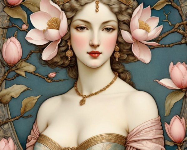 Serene Woman with Lotus Flowers and Elegant Gown