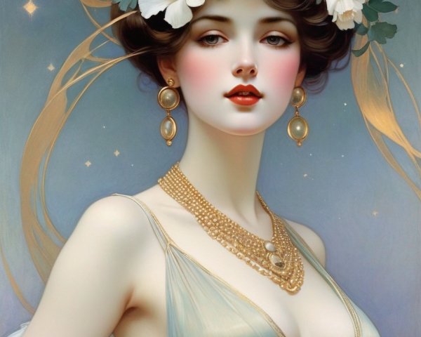 Woman in Floral Crown and Flowing Dress Under Stars