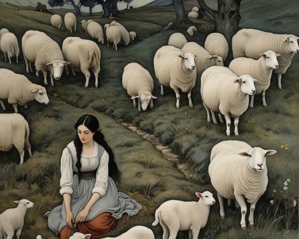 Pastoral Scene of a Woman Tending Sheep on Hill