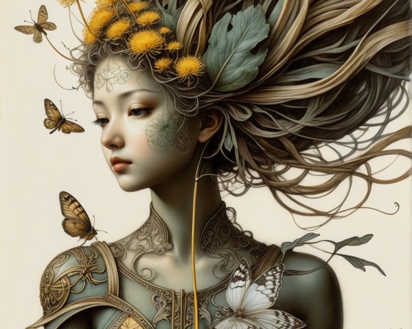 Serene Young Woman with Tattoos and Nature Elements