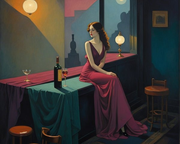 Woman in magenta dress at a dimly lit bar