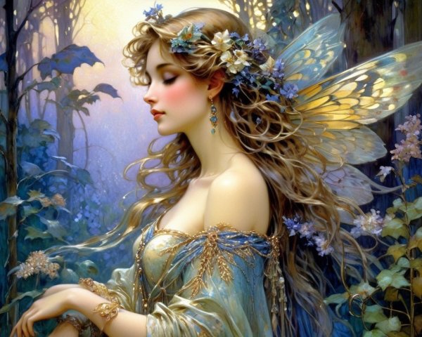 Ethereal Fairy with Golden Gown in Mystical Forest