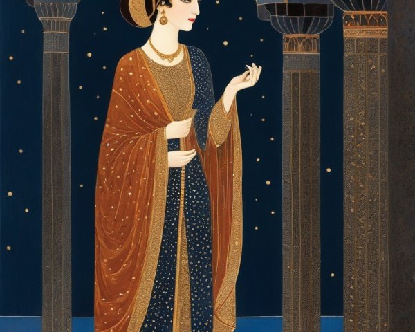 Graceful Woman in Ornate Gown Under Starry Night Sky