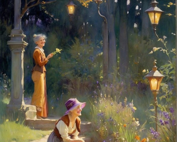 Women in a Sunlit Garden Surrounded by Flowers