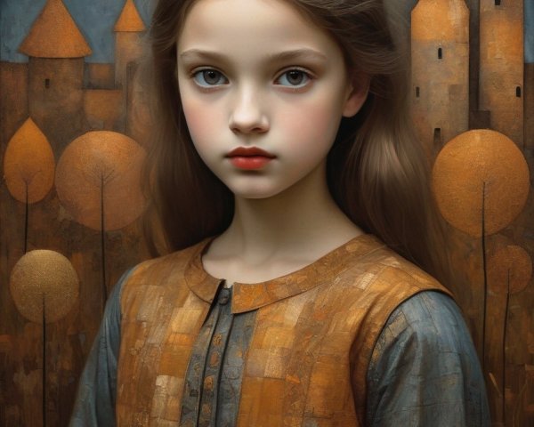 Young girl with blue eyes in medieval dress against castle towers.