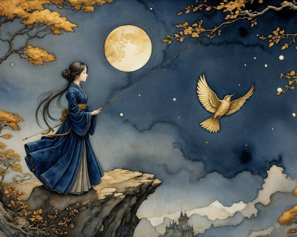 Moonlit Landscape with Woman Fishing for Stars