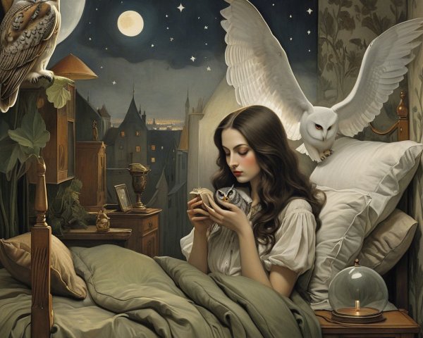 Serene Bedroom Scene with Woman and Owls