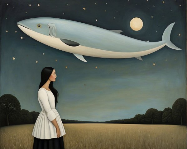Serene scene of a woman and a whimsical blue shark
