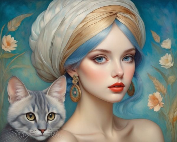 Portrait of a Young Woman with Blue Hair and Cat