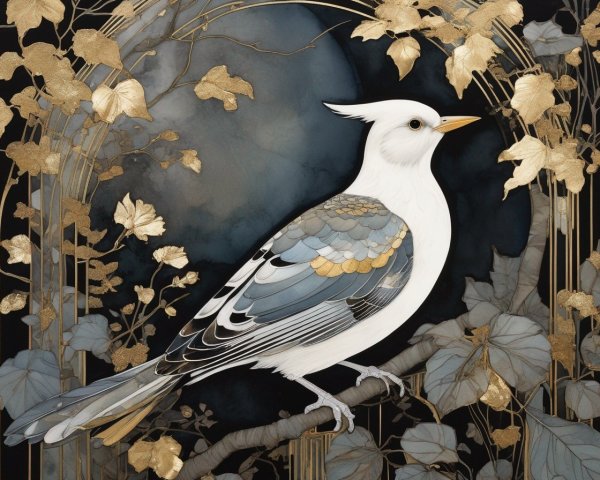 Illustration of a White Bird on a Branch with Leaves