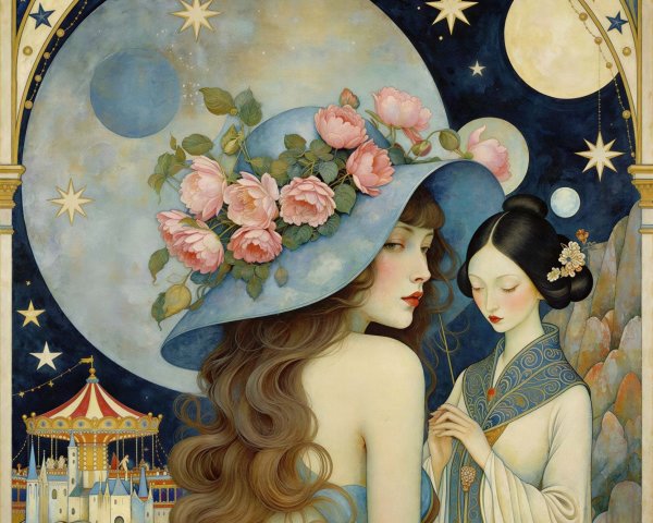 Art Nouveau Painting of Two Women with Floral Themes