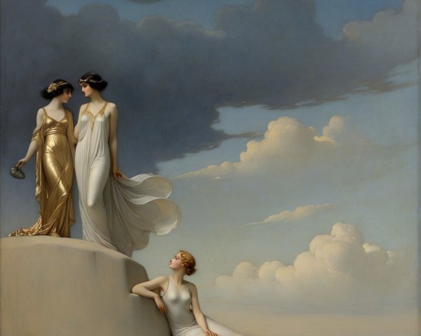 Three Women in Flowing Gowns Under a Luminous Moon