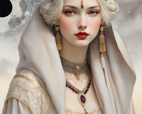 Fantasy portrait of woman with white hair, gold jewelry, cloak, moon, and stars