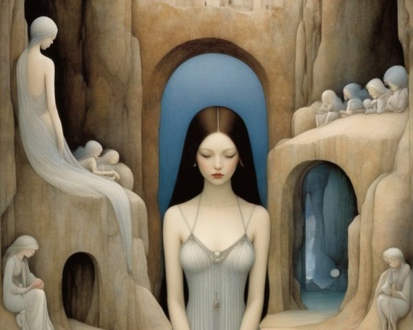 Surreal painting: Woman in water, figures, castle backdrop