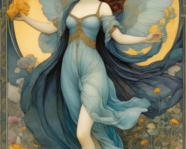 Ethereal Figure with Butterfly Wings in Poppy Field