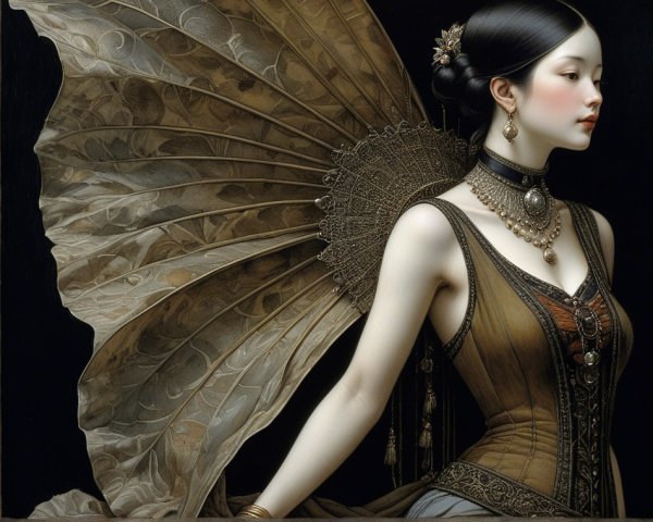 Elegant Woman in Detailed Corset with Decorative Fan