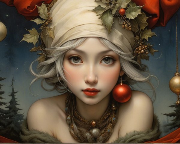 Young Woman in Creamy Headscarf with Holiday Decor