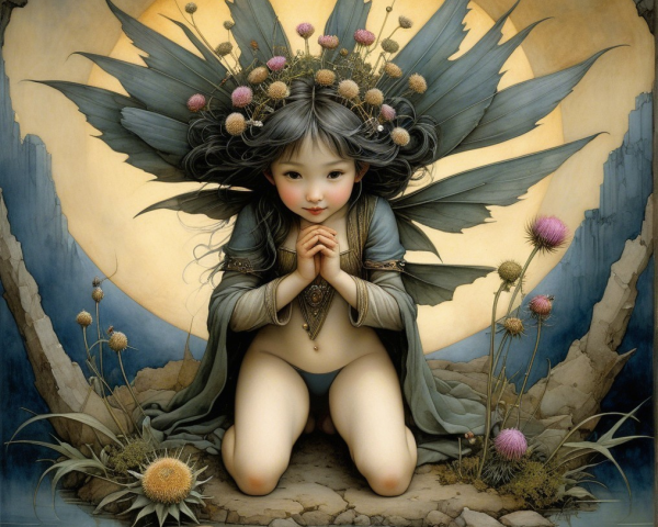 Mystical Figure by Water with Floral Headdress and Orb