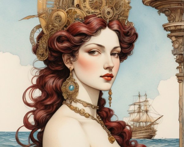 Illustrated portrait: Woman with steampunk headpiece, red curly hair, by the sea with