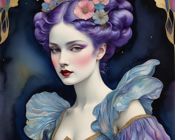 Illustration of woman with purple hair and flower adornments in blue dress on dark background