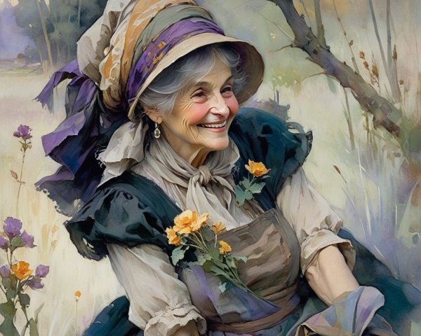 Elderly Woman in Colorful Dress with Yellow Flowers