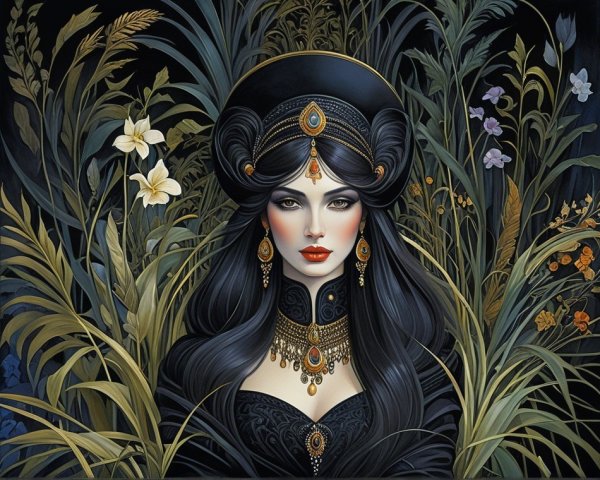 Portrait of a woman with dark hair and vibrant jewelry