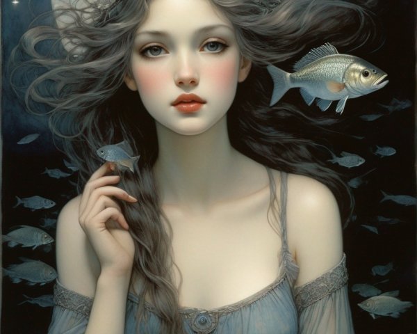 Ethereal portrait of a woman with braided hair, moon halo, blue dress, fish,