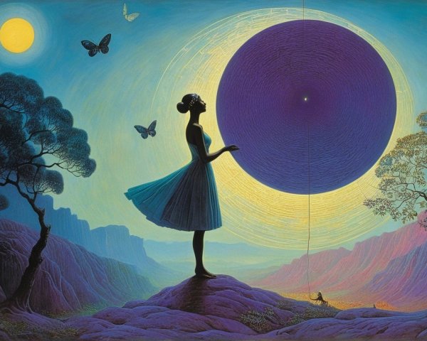 Silhouette of a Woman with Purple Sky and Butterflies
