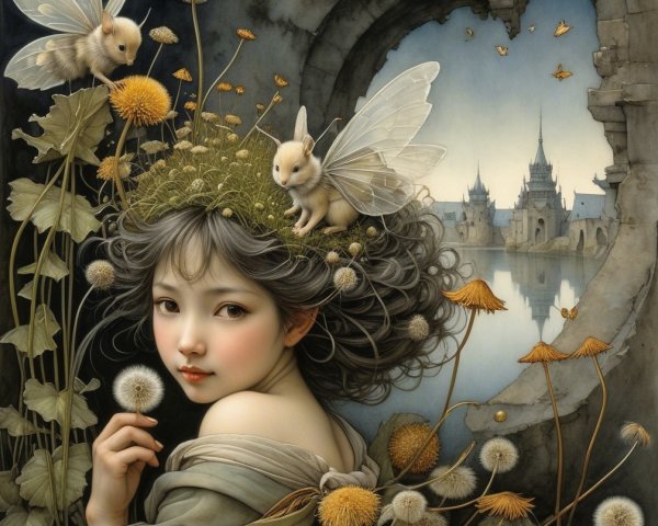 Young girl in mystical landscape with fairies and castle