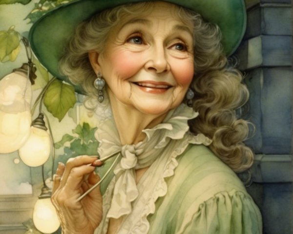 Elderly Woman in Green Hat with Lanterns Background