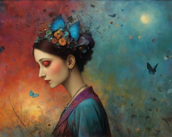 Profile of a Woman with Floral Crown and Butterflies