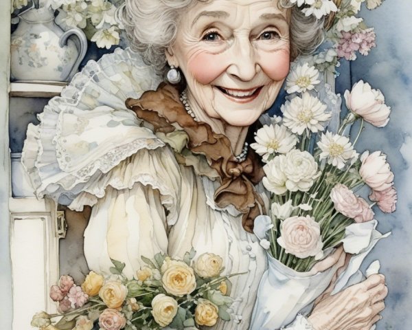 Cheerful Elderly Woman with Flowers in Vintage Dress