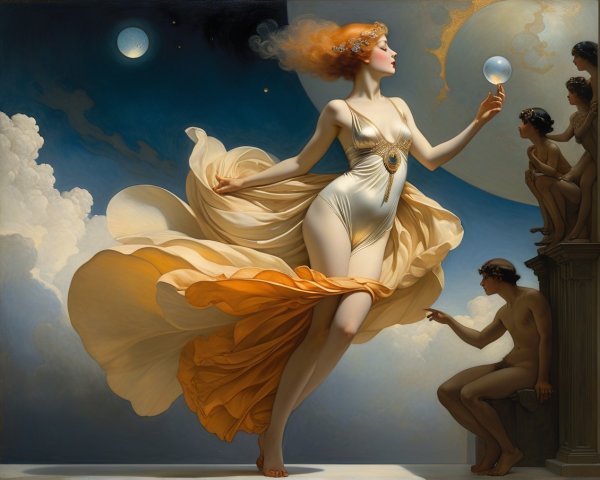 Elegant figure in shimmering gown against celestial backdrop