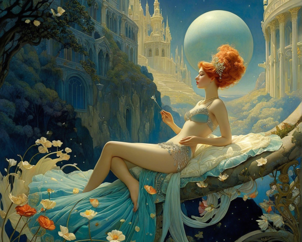 Celestial Scene with Figure, Flowers, and Castle
