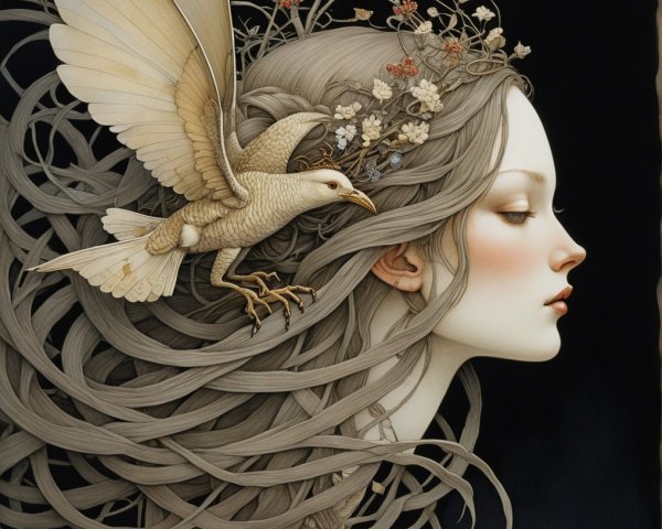 Serene Woman Profile with Floral Hair and Bird